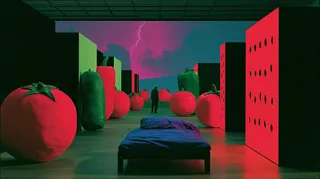 weightless marzipan vegetables hibernate through an abandoned airport, during a violet electrical storm · Variant 1 preview