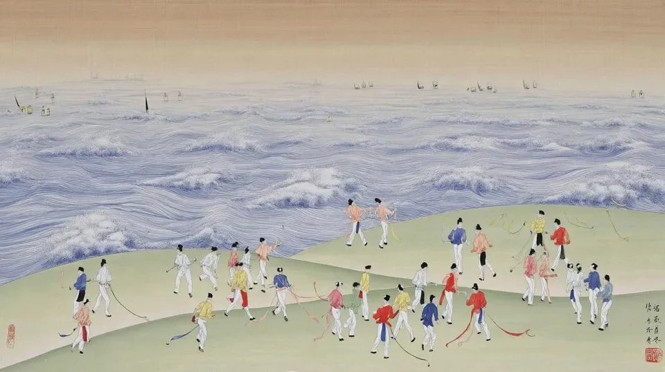 Golfers On Green Hills Beneath Ocean-Wave Sky · Variant 2 preview
