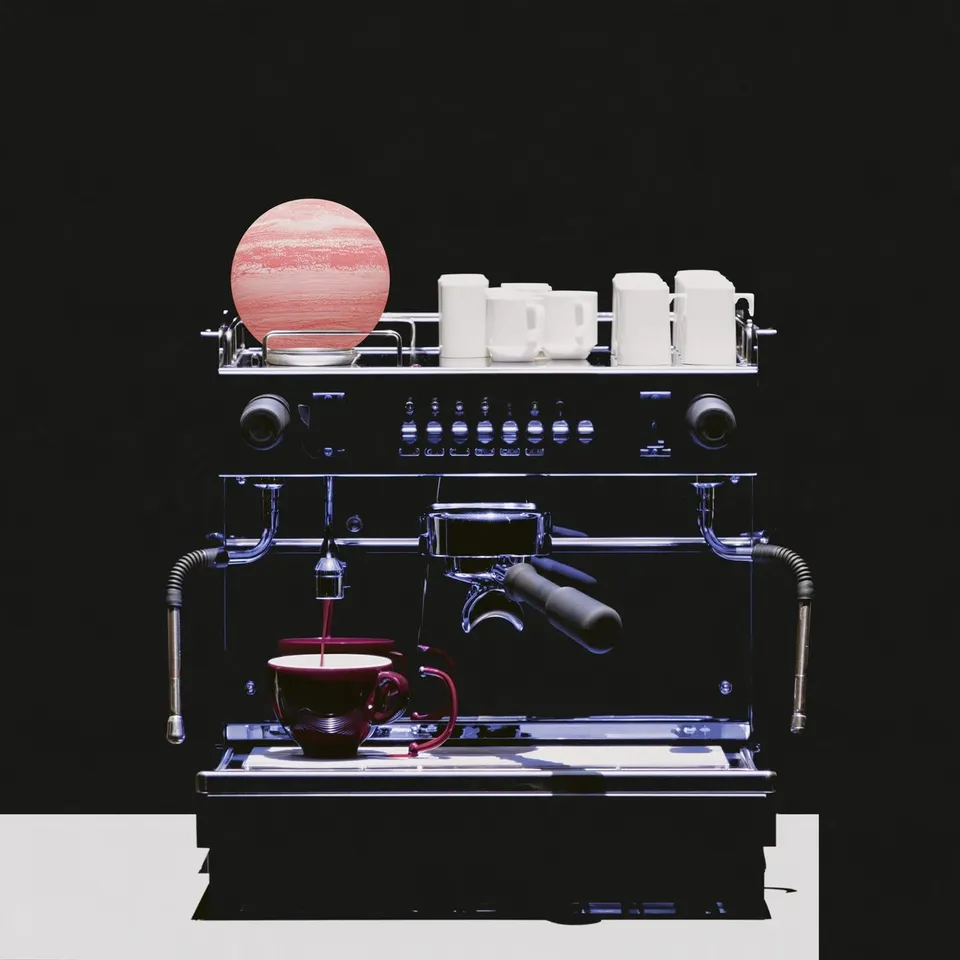 a chrome espresso machine designed for a glamorous orbital hotel preview