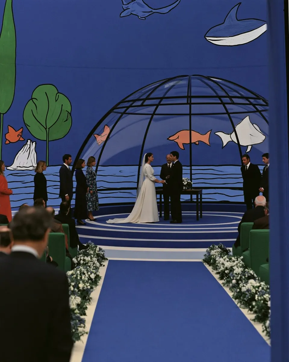 an elegant deep-sea wedding ceremony inside a transparent glass pavilion preview