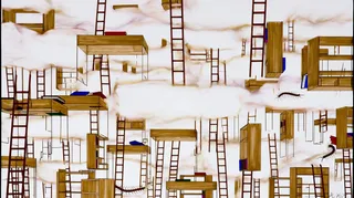 a floating library suspended inside a vast cloud chamber, ladders and books drifting in sunlight preview
