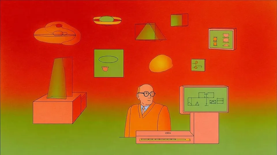 Quirky Bespectacled Man Amid Floating Shapes Study 2 preview