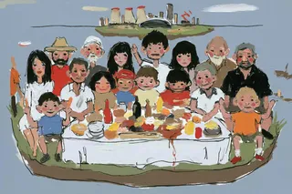 a multigenerational picnic on a floating island above a futuristic city preview