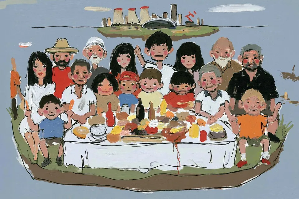 a multigenerational picnic on a floating island above a futuristic city preview