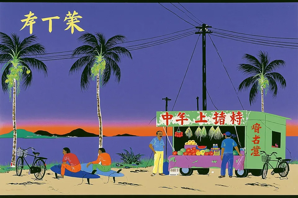 three surfers waiting beside a faded roadside fruit stand before dawn preview