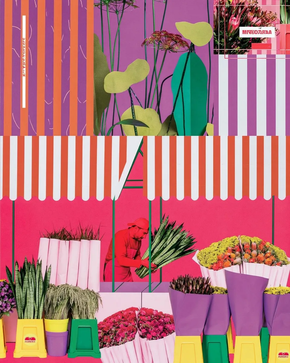 a night-market florist building enormous bouquets beneath striped awnings · Variant 1 preview