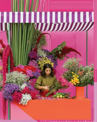 a night-market florist building enormous bouquets beneath striped awnings · Variant 2 preview