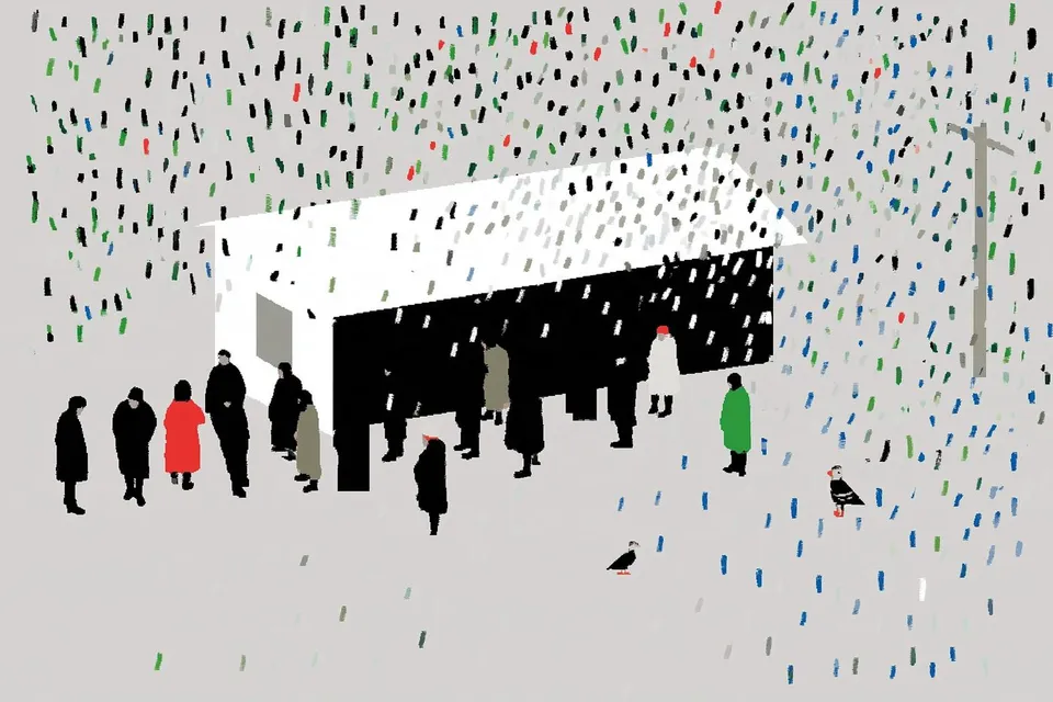 passengers waiting inside a tiny mountain train station during the first snow · Variant 1 preview