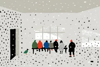 passengers waiting inside a tiny mountain train station during the first snow · Variant 3 preview
