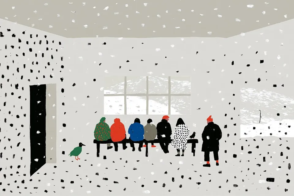 passengers waiting inside a tiny mountain train station during the first snow · Variant 3 preview