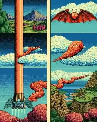 Four-Panel Retro Composition Reveals A Winged Warrior'S preview