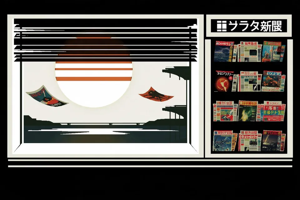a crowded newspaper kiosk at sunrise with magazines fluttering in the wind · Variant 3 preview