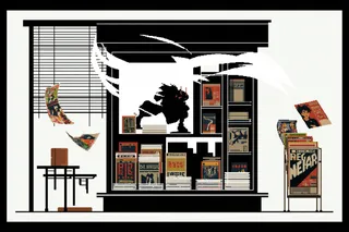 a crowded newspaper kiosk at sunrise with magazines fluttering in the wind · Variant 4 preview