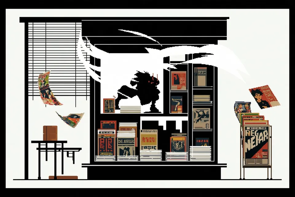 a crowded newspaper kiosk at sunrise with magazines fluttering in the wind · Variant 4 preview