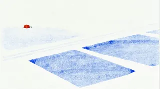 an aerial survey of geometric salt flats with a solitary red research tent preview