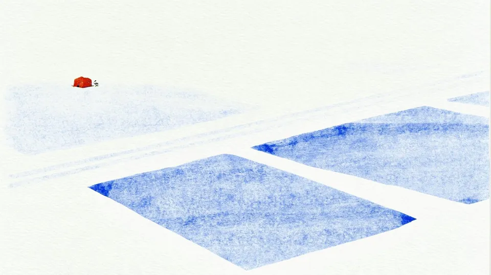 an aerial survey of geometric salt flats with a solitary red research tent preview