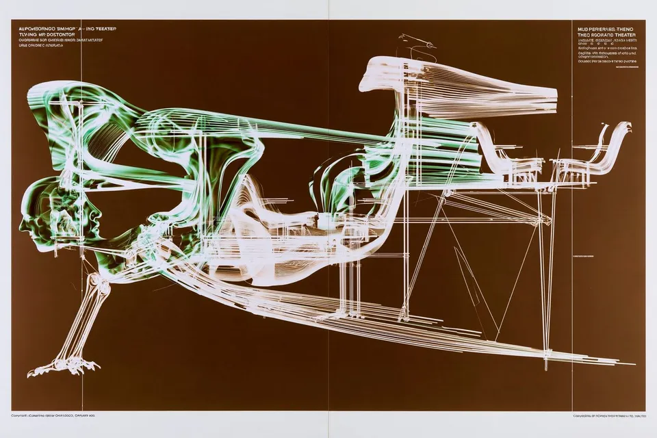 a meticulous cutaway diagram of a flying theater carried by mechanical birds preview