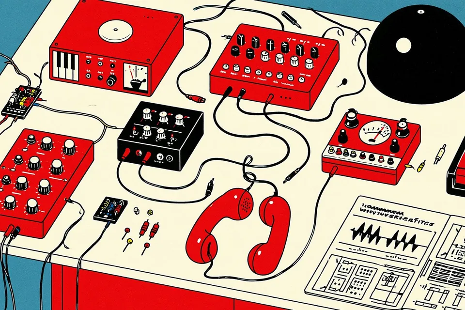 a tabletop inventor's workshop filled with peculiar analog instruments, wires and handwritten diagrams preview
