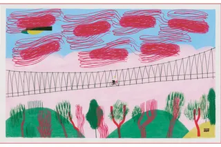 a lone cyclist crossing a windswept suspension bridge above pink fog preview