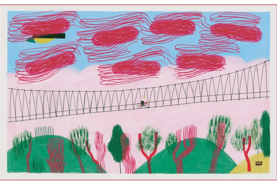 a lone cyclist crossing a windswept suspension bridge above pink fog preview