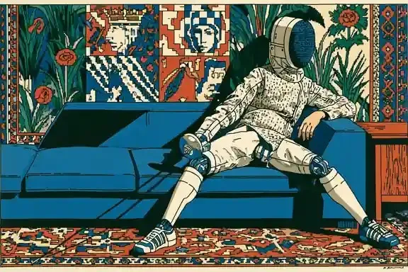 Androgynous Robotic Fencer Resting Between Matches In · Variant 2 preview